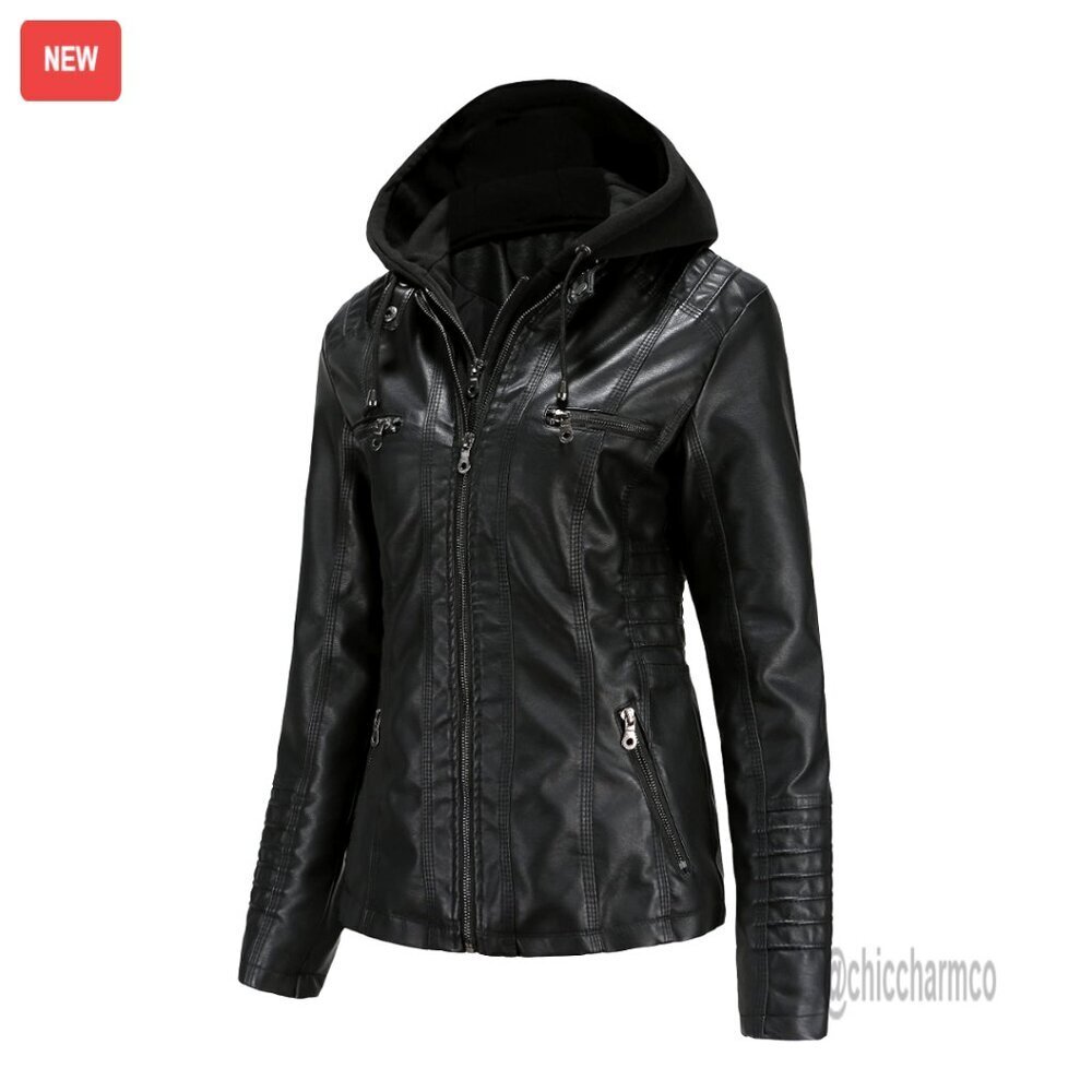 Faux Leather Motorcycle Jacket with Removable Hood Oversized Biker Chic